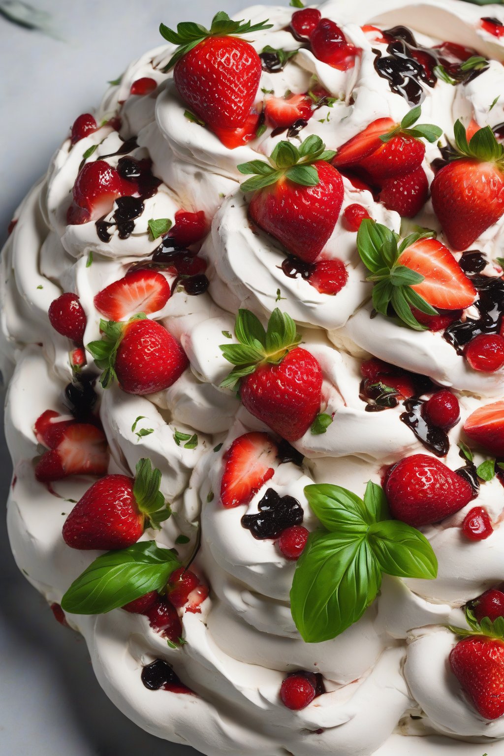A high-resolution photo of a strawberry basil pavlova featuring crisp cracks, juicy red berries, green basil flecks, and balsamic drizzle, under soft lighting.
