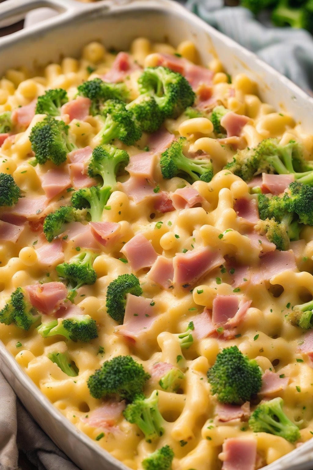 A high-resolution close-up photo of broccoli ham golden baked mac and cheese with green flecks and ham bits, wholesome in a dish under soft lighting.
