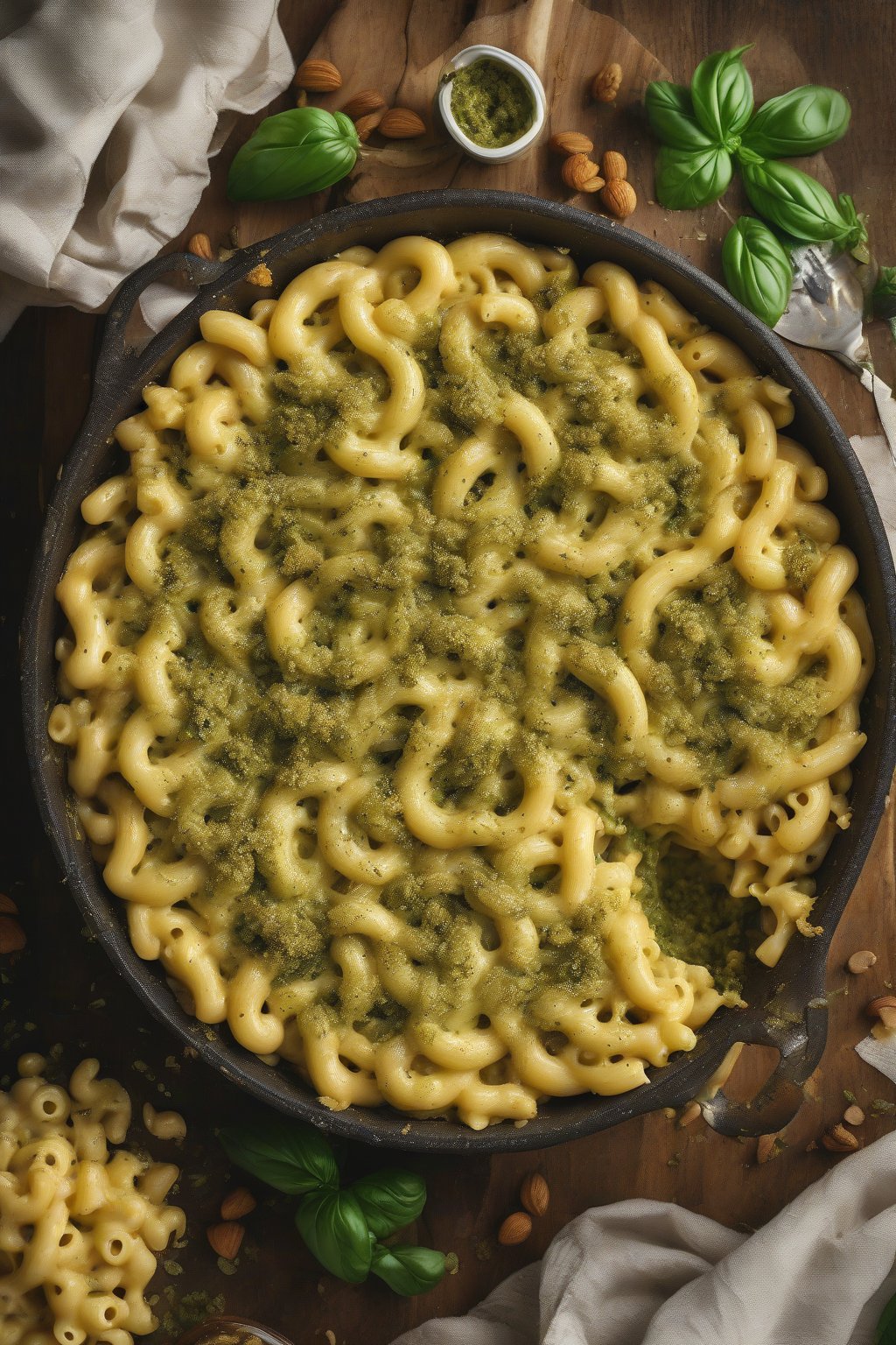 A high-resolution close-up photo of pesto golden baked mac and cheese swirled with green pesto, nutty crust under soft lighting.