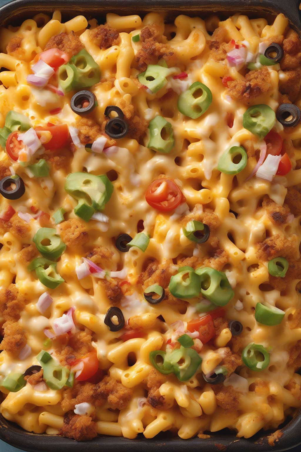 A high-resolution close-up photo of loaded nacho golden baked mac and cheese piled with toppings, vibrant and cheesy under soft lighting.