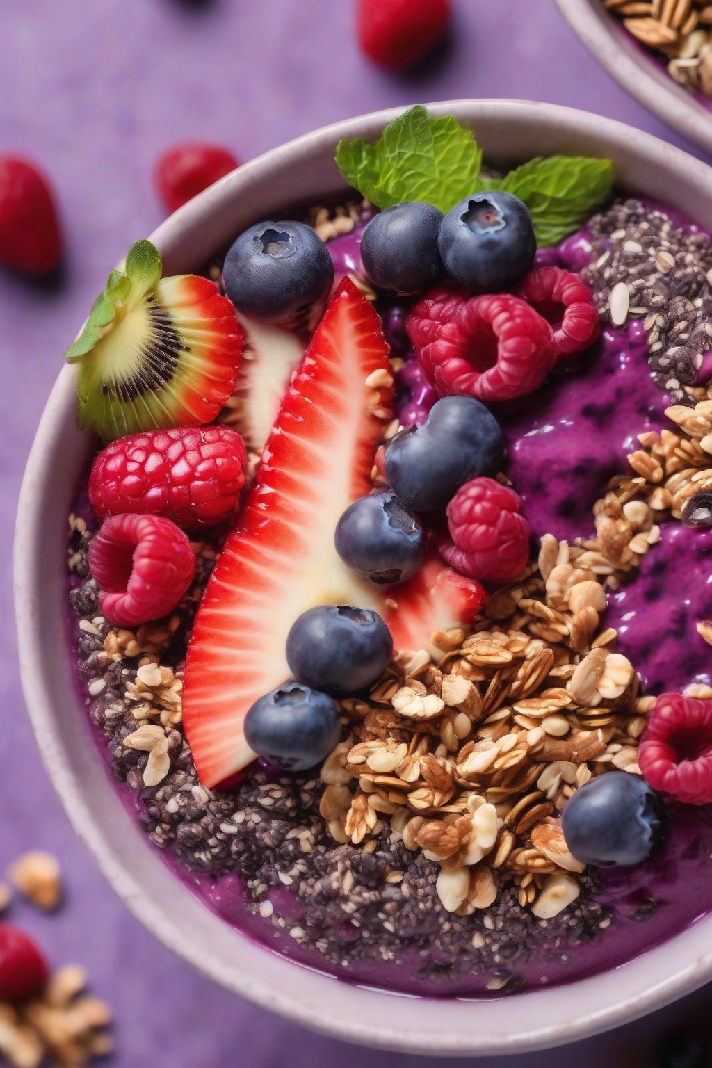 A close-up photo of a vibrant purple acai bowl topped with fresh berries, granola, and chia seeds under soft lighting.
