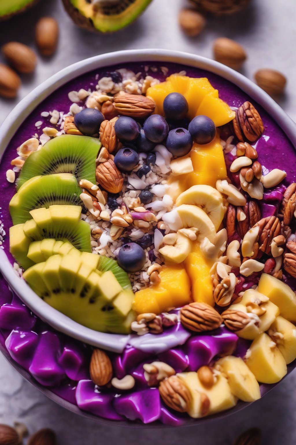 A close-up photo of a purple acai bowl piled with tropical fruits, coconut, and nuts under soft lighting.