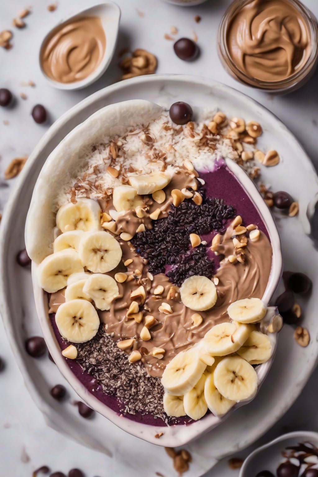 A close-up photo of a creamy acai bowl with banana slices, peanut butter drizzle, and chocolate shavings under soft lighting.