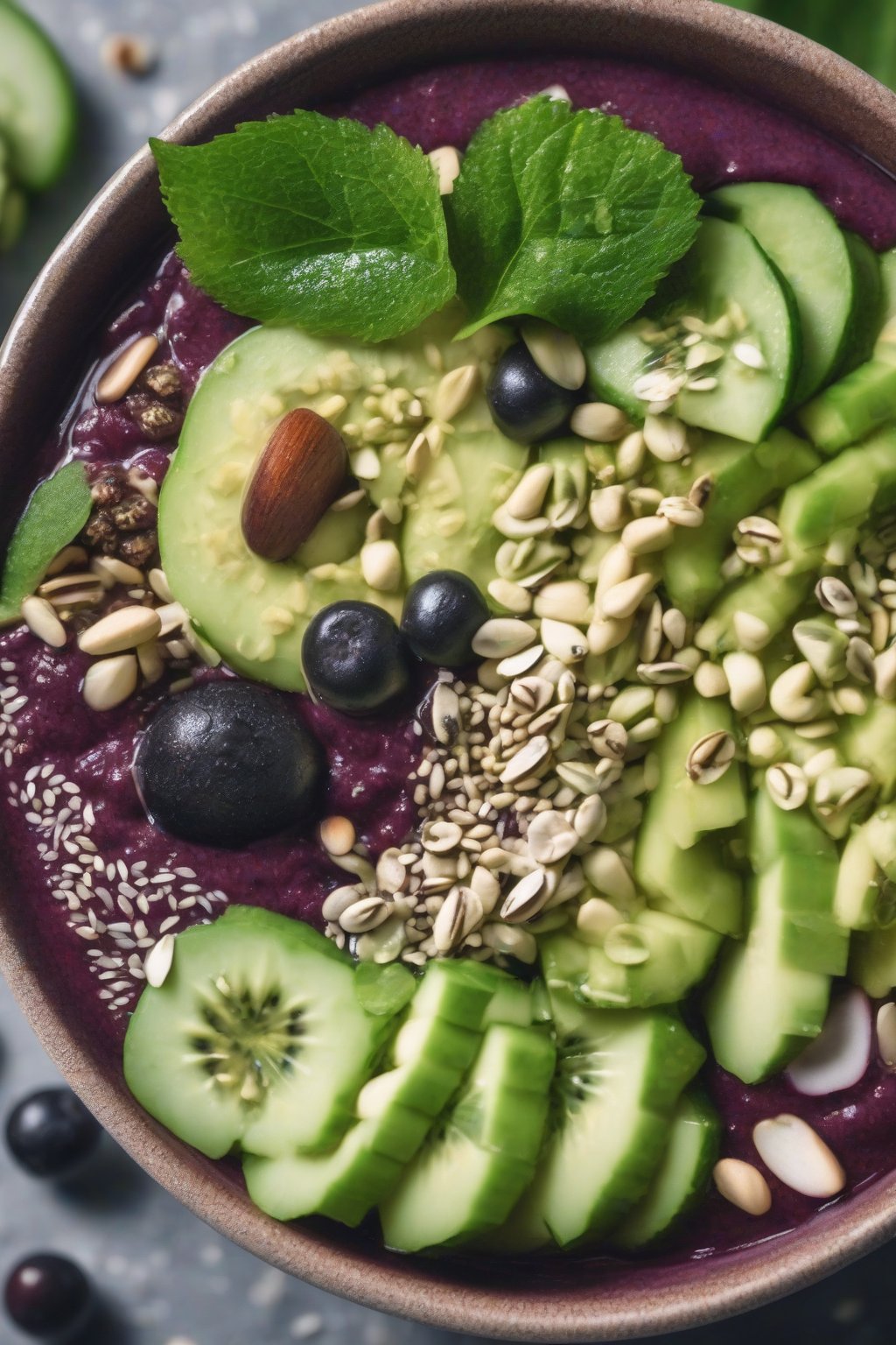 A close-up photo of a green-tinged acai bowl with cucumber slices, seeds, and matcha under soft lighting.