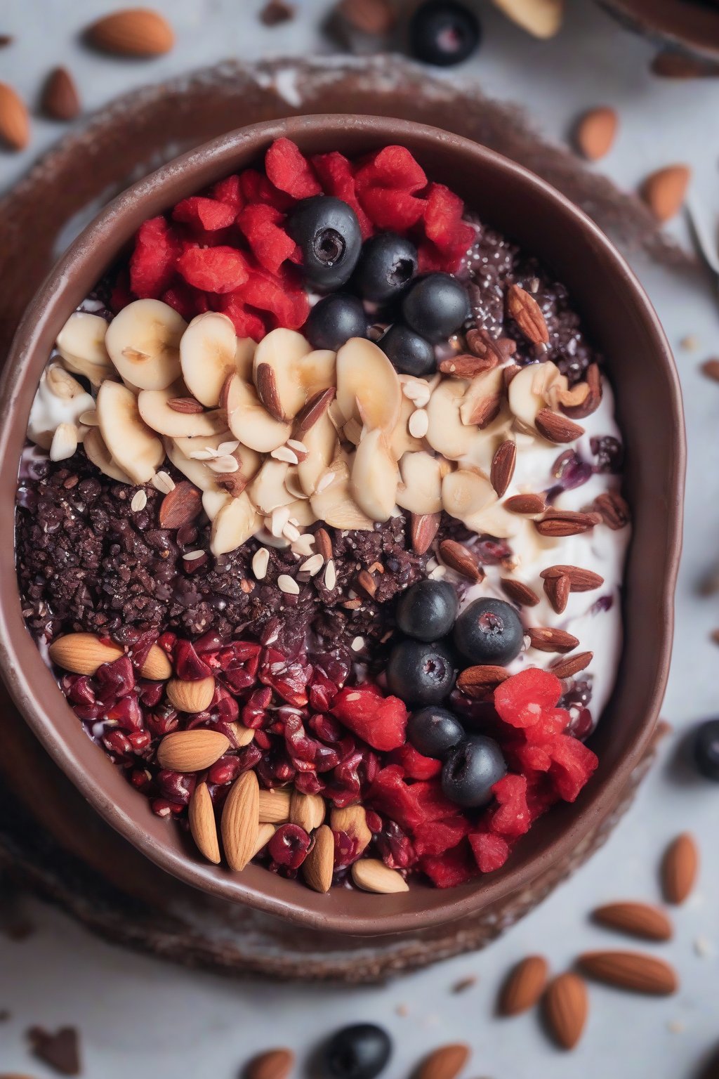 A close-up photo of a chocolatey acai bowl topped with nibs, almonds, and goji berries under soft lighting.