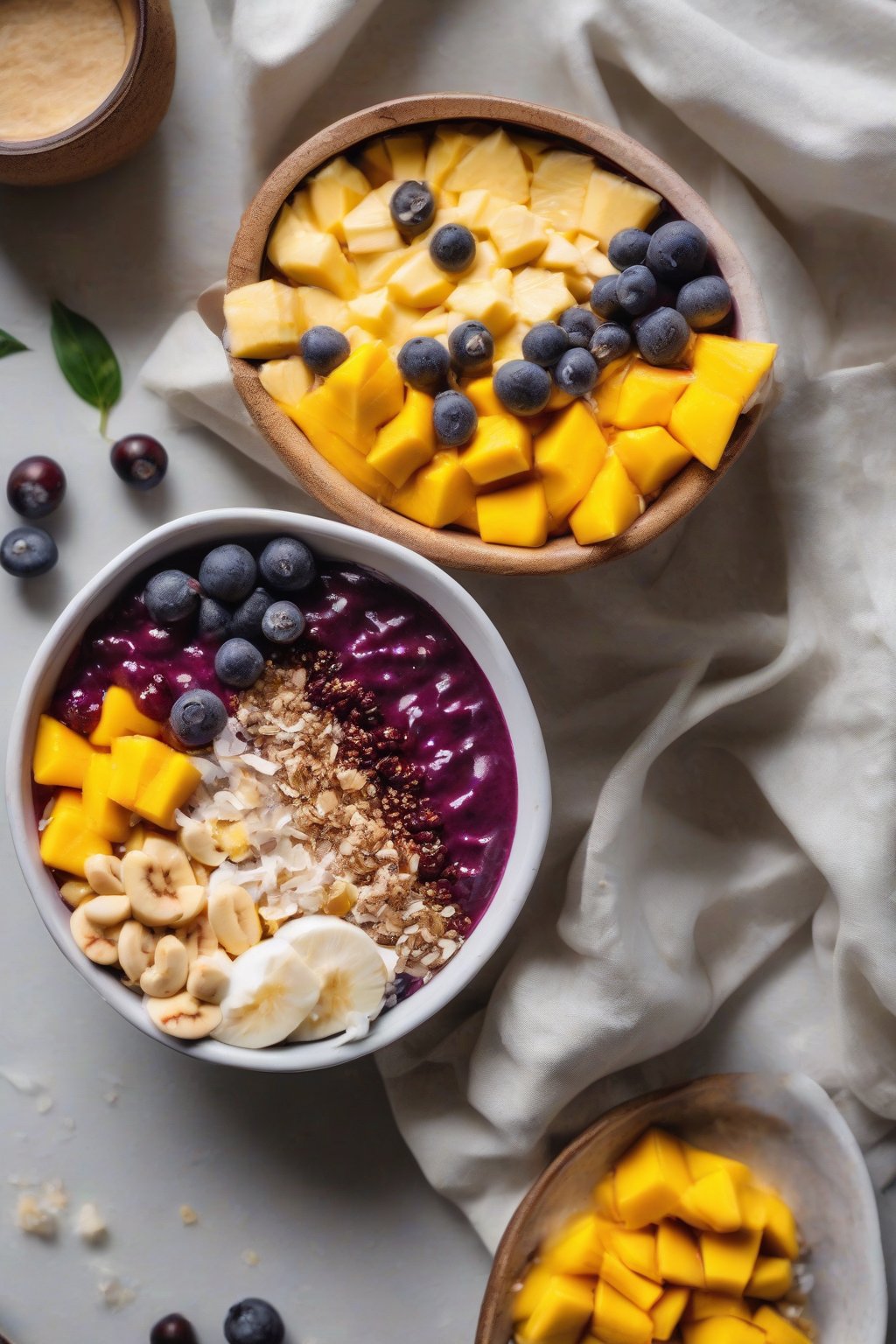 A close-up photo of a sunny acai bowl with mango, coconut, and passionfruit under soft lighting.
