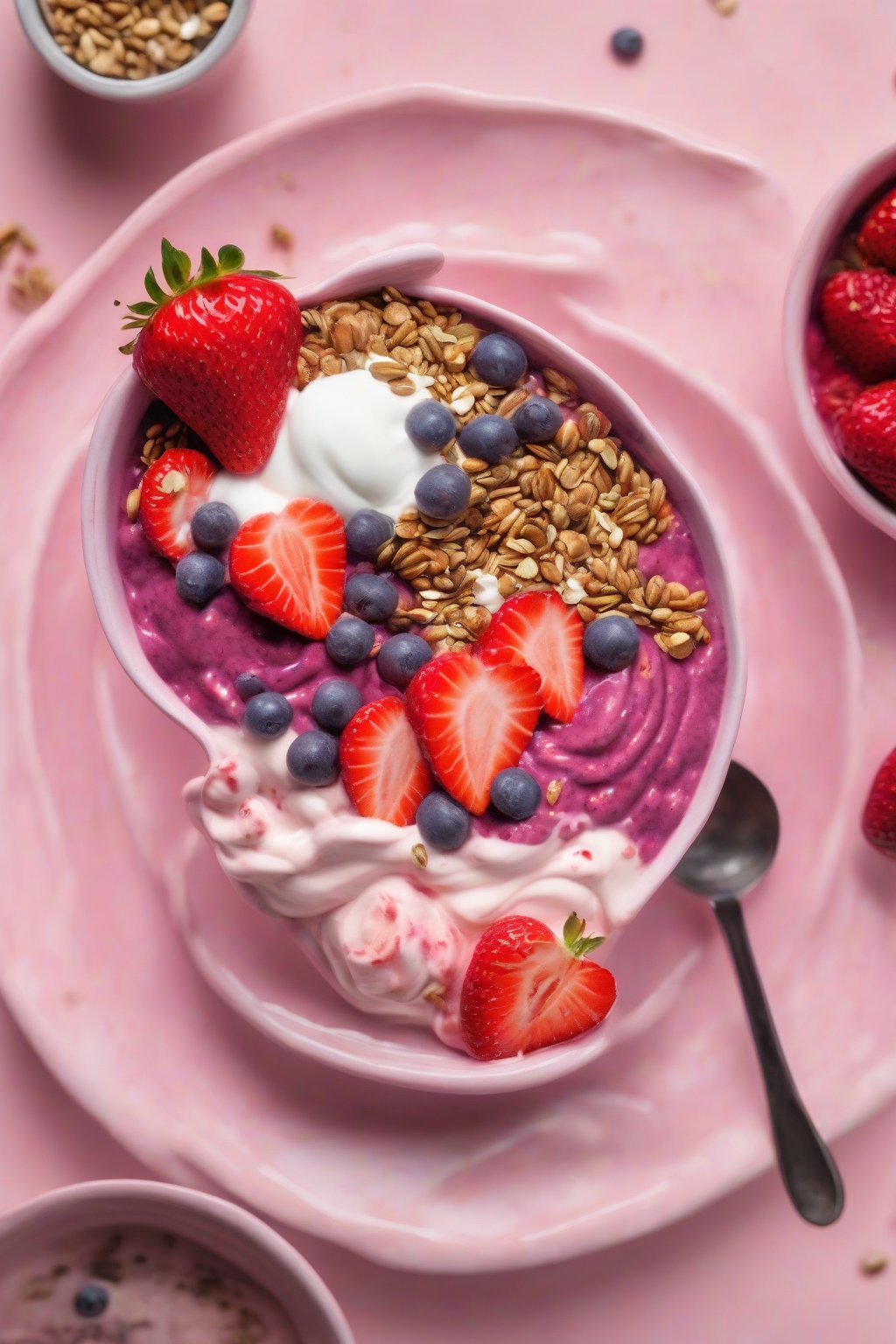 A close-up photo of a pink-hued acai bowl with yogurt swirls, strawberries, and seeds under soft lighting.