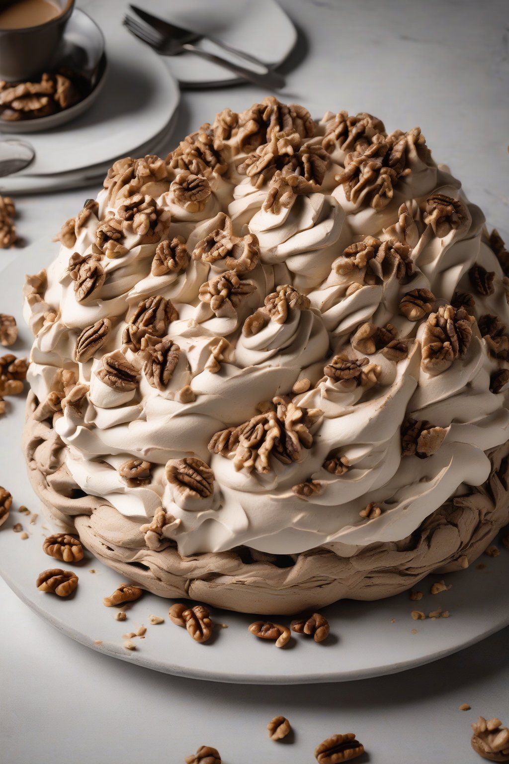 A high-resolution photo of a coffee walnut pavlova with dark crisp meringue, creamy coffee topping, and walnut chunks, under soft lighting.