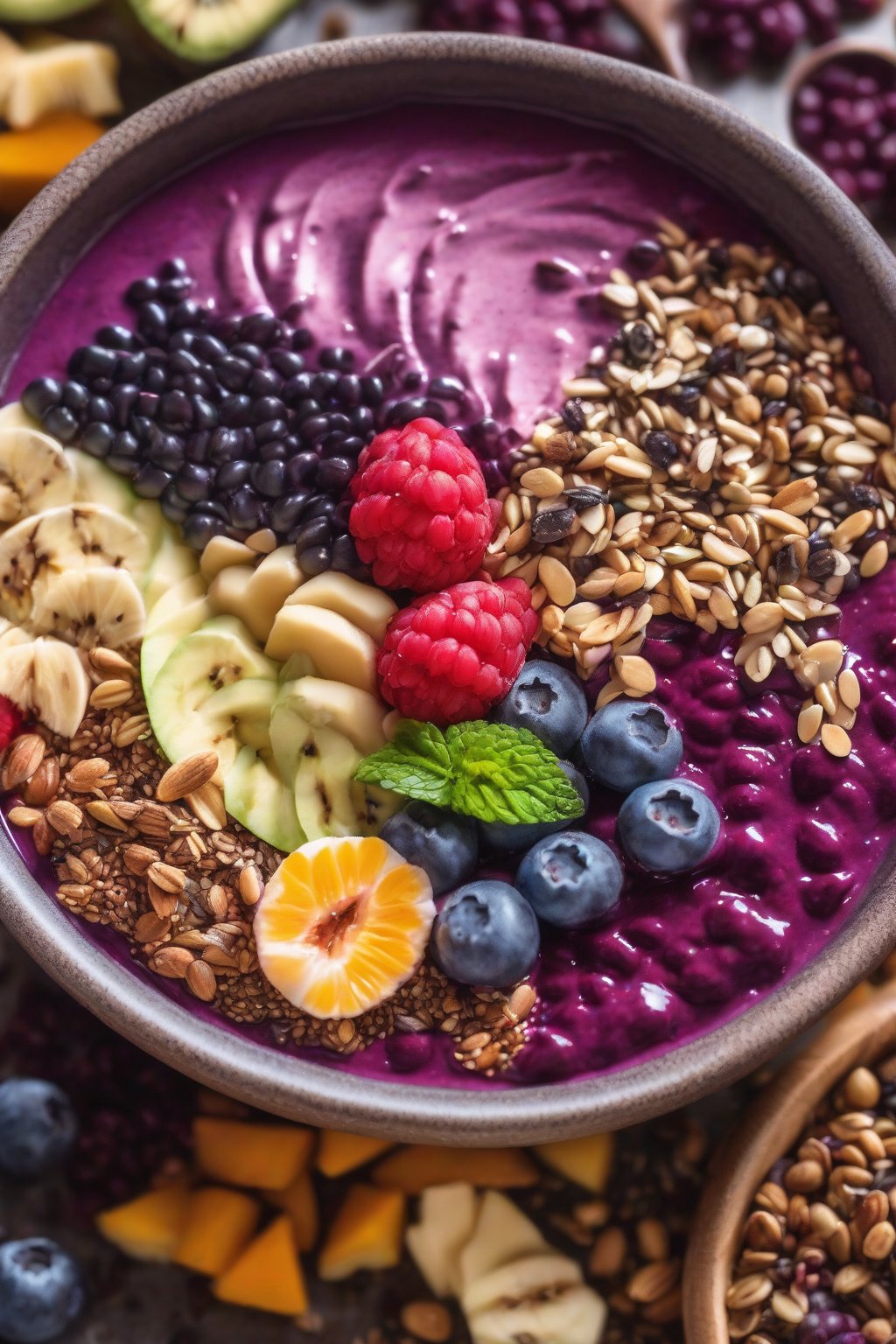 A close-up photo of a purple acai bowl loaded with colorful superfoods and seeds under soft lighting.