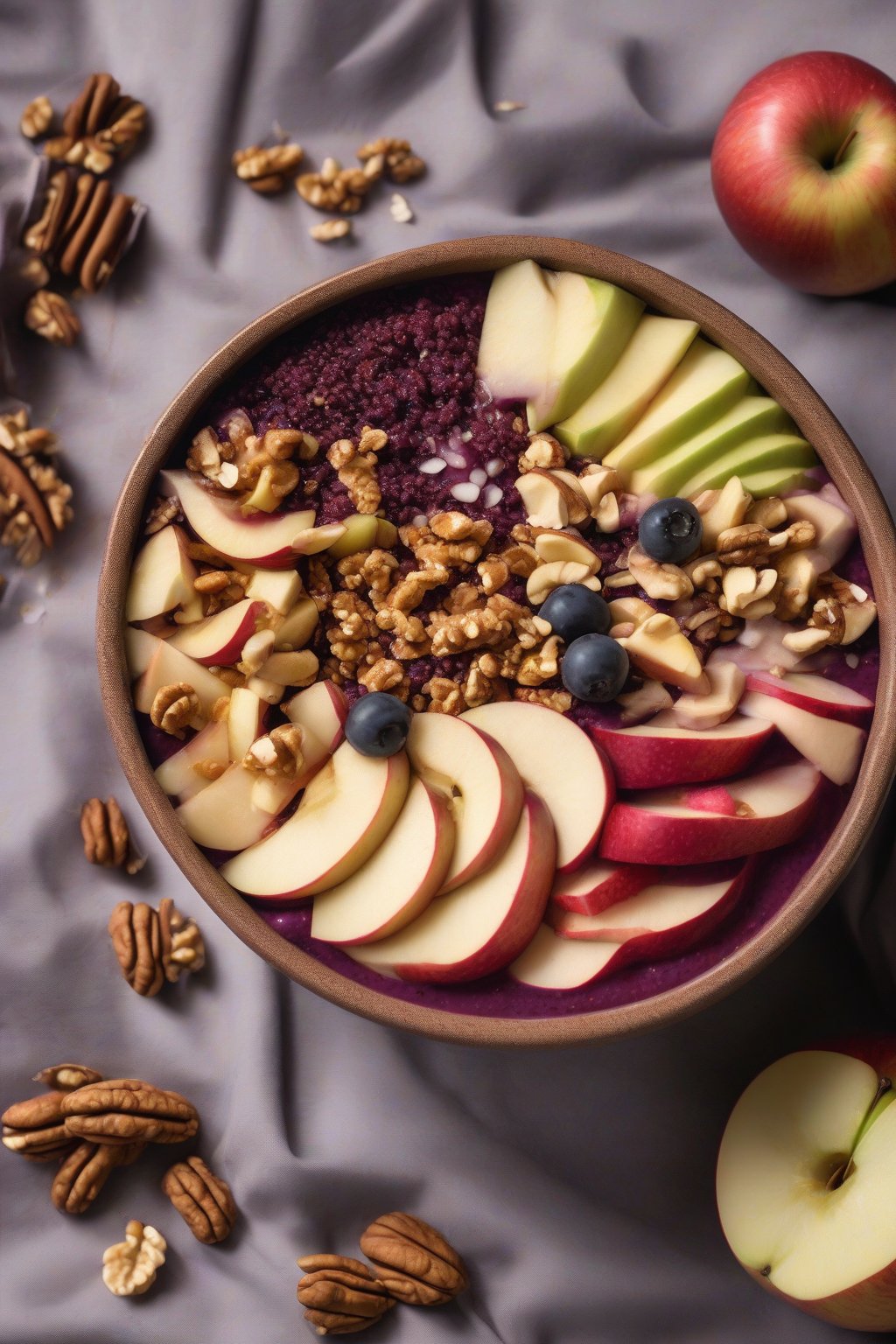 A close-up photo of a spiced acai bowl with apple slices, walnuts, and cinnamon under soft lighting.