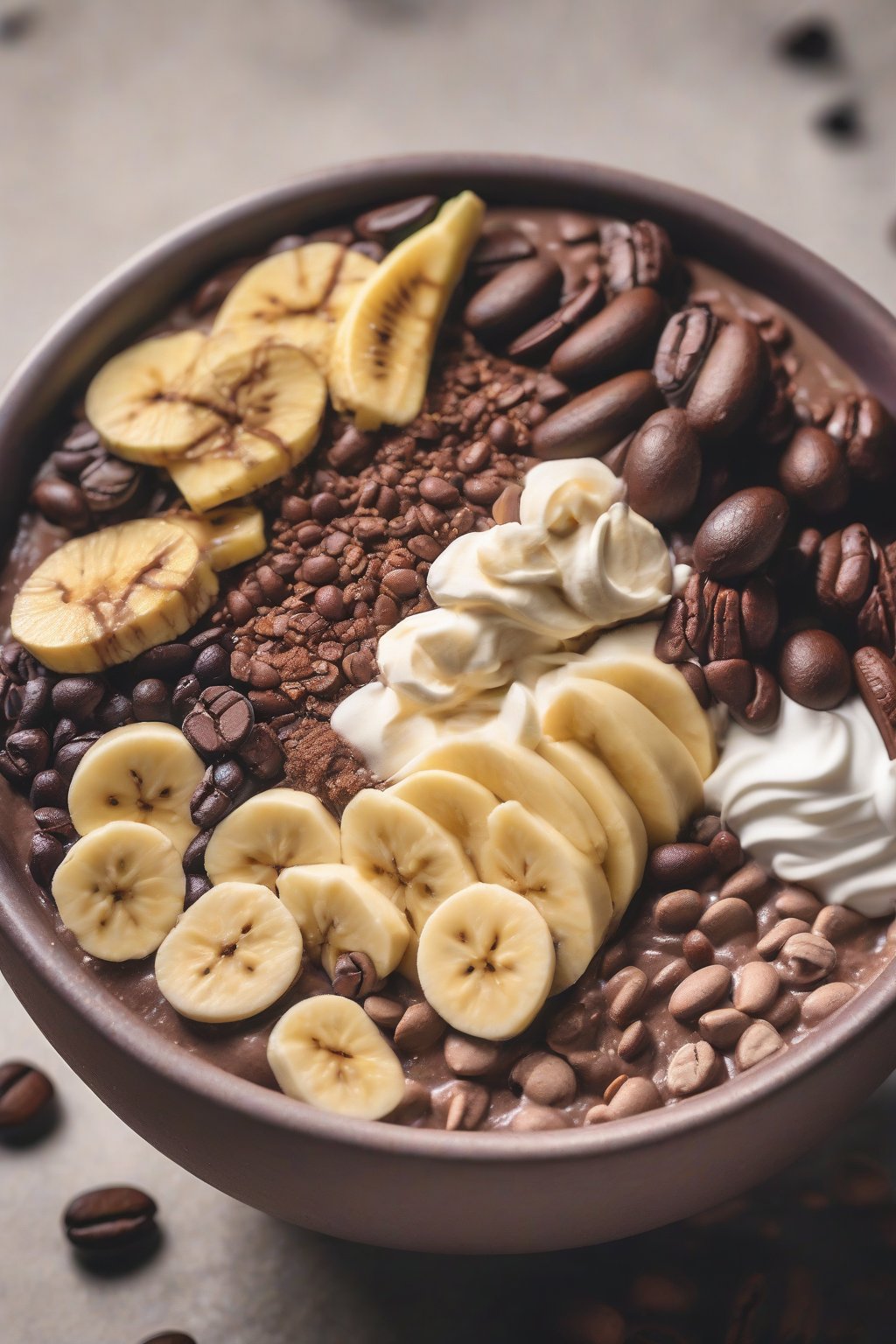 A close-up photo of a mocha acai bowl with coffee beans, banana, and cacao under soft lighting.
