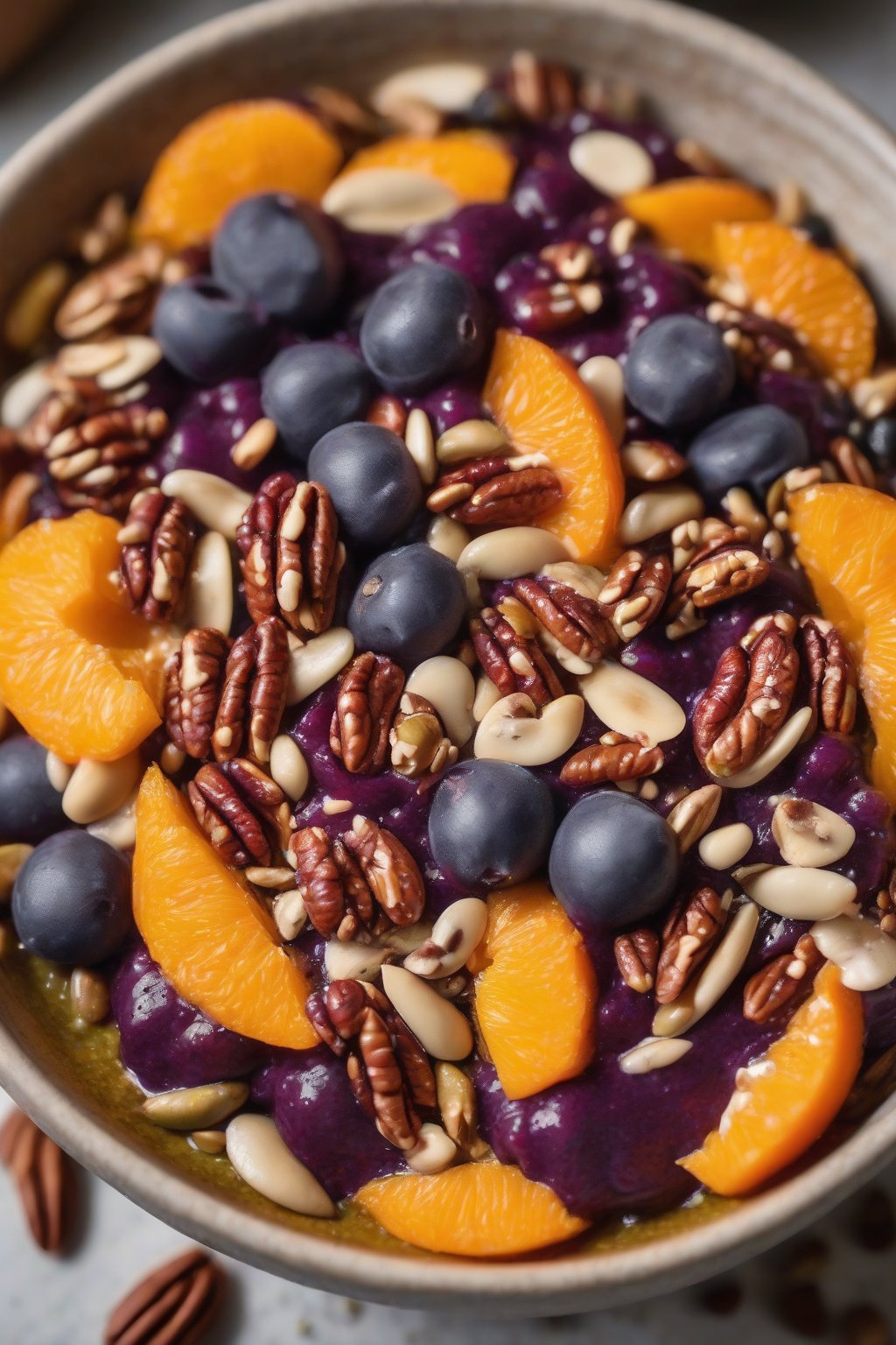 A close-up photo of an orange-flecked acai bowl with pumpkin seeds and pecans under soft lighting.