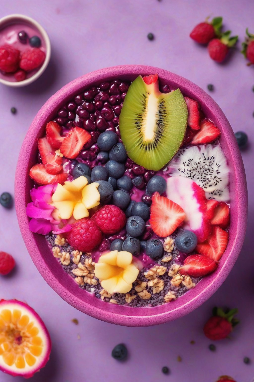 A close-up photo of a pink and purple acai bowl with dragon fruit, berries, and flowers under soft lighting.