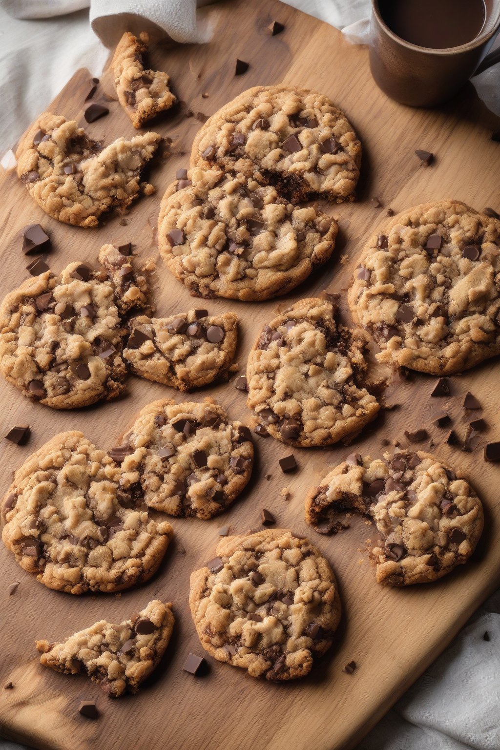 A high-resolution photo of a freshly baked giant chocolate chip crumble cookie on a wooden board, with chunks falling off the streusel top under soft lighting.