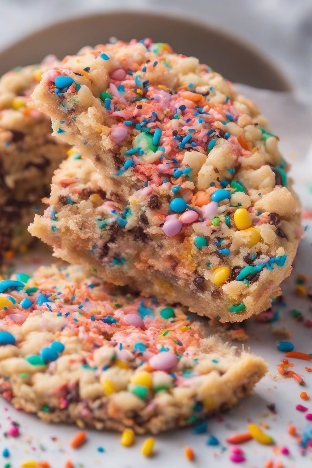 A high-resolution photo of a colorful birthday cake giant crumble cookie sliced open, revealing sprinkles and soft center under soft lighting.