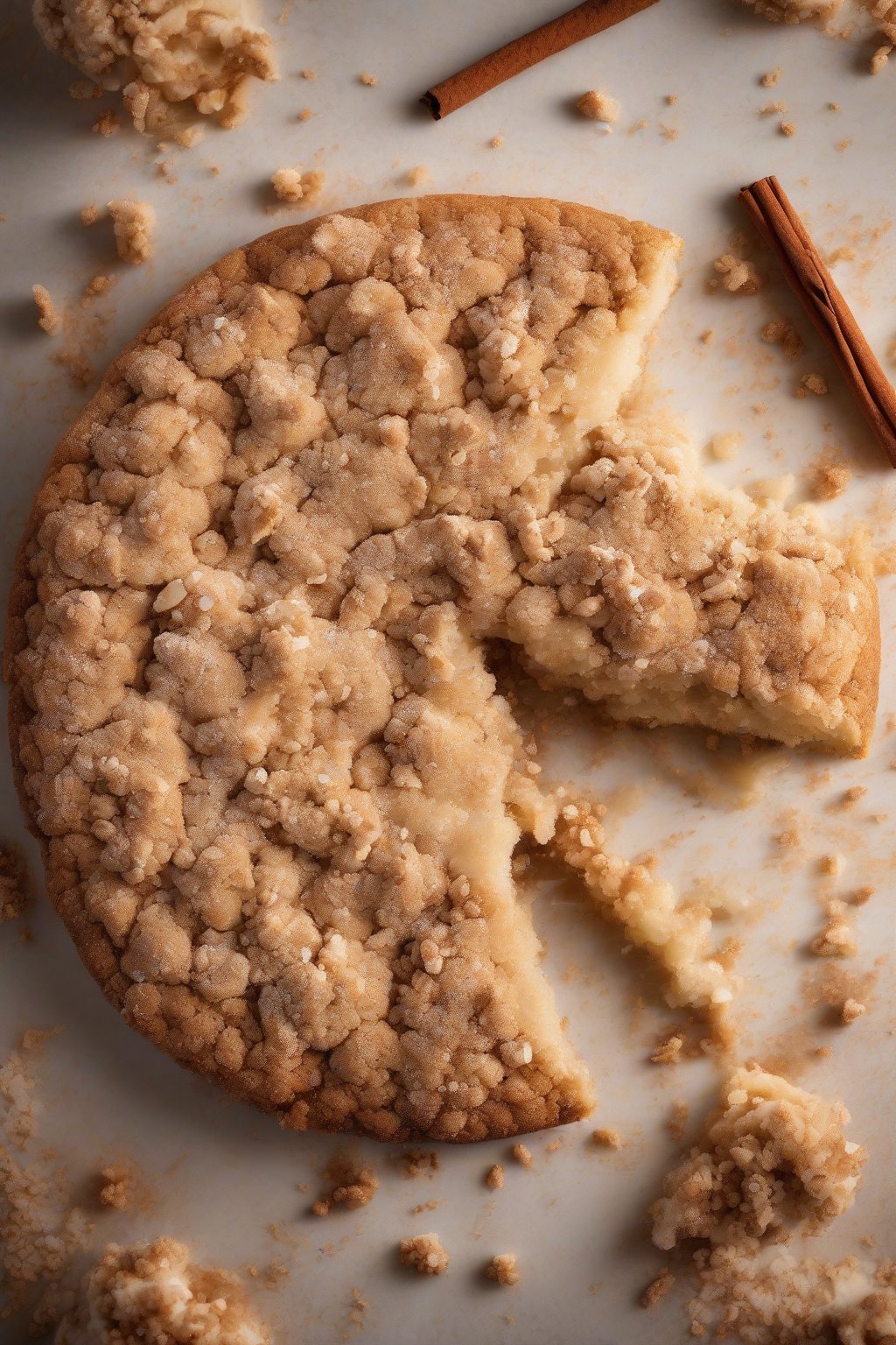 A high-resolution photo of a snickerdoodle giant crumble cookie with cinnamon crumble shards, dusted in sugar under soft lighting.