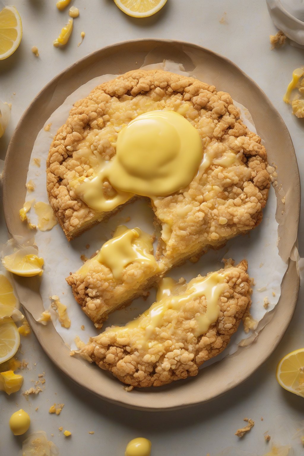 A high-resolution photo of a golden lemon giant crumble cookie with curd oozing out, garnished with zest under soft lighting.