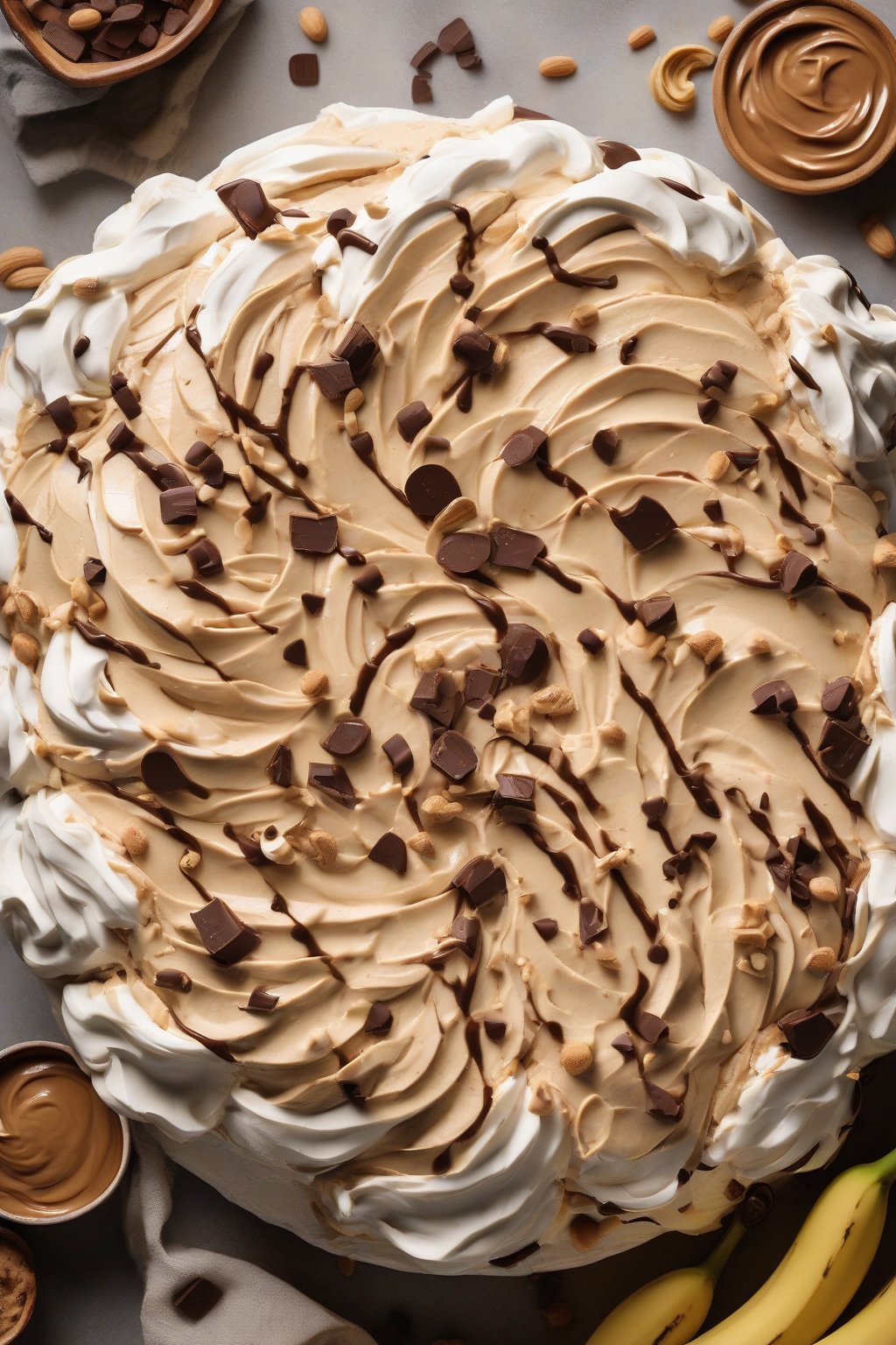 A high-resolution photo of a peanut butter banana pavlova with crisp shell, swirled PB cream, banana slices, and chocolate curls, under soft lighting.