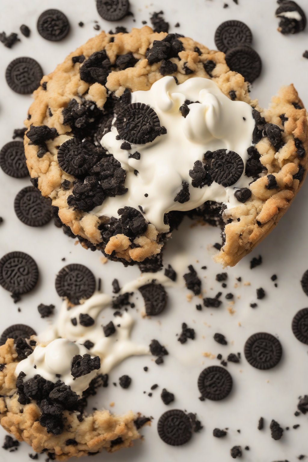 A high-resolution photo of an Oreo giant crumble cookie with black crumble bits and cream filling peek under soft lighting.