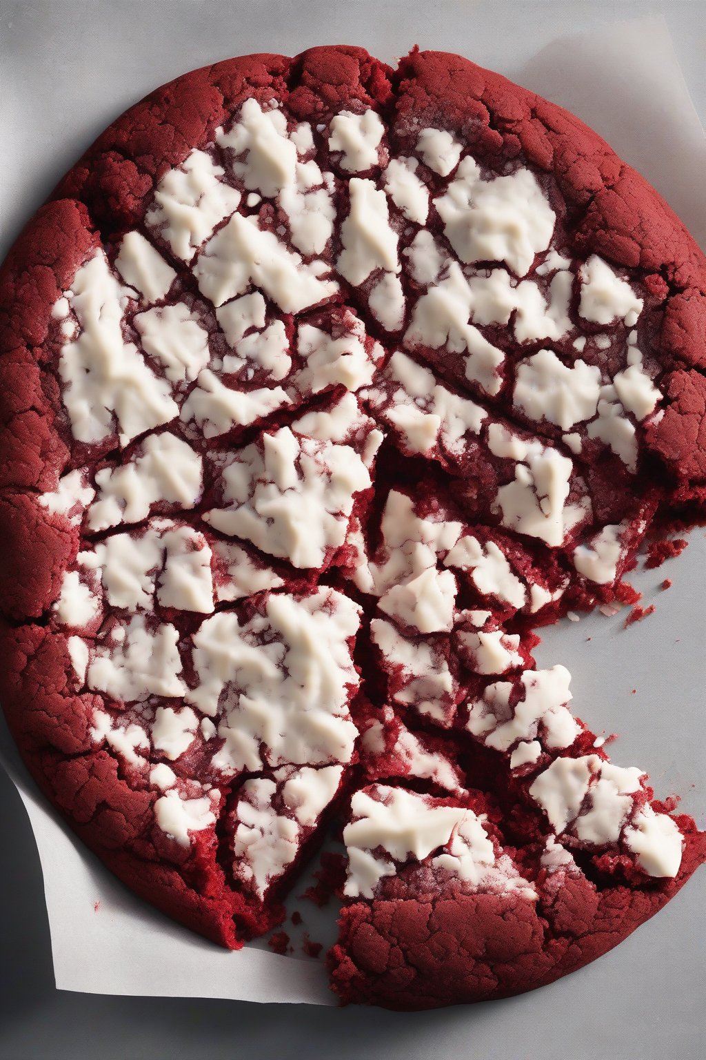A high-resolution photo of a red velvet giant crumble cookie cracked open to show soft red interior under soft lighting.