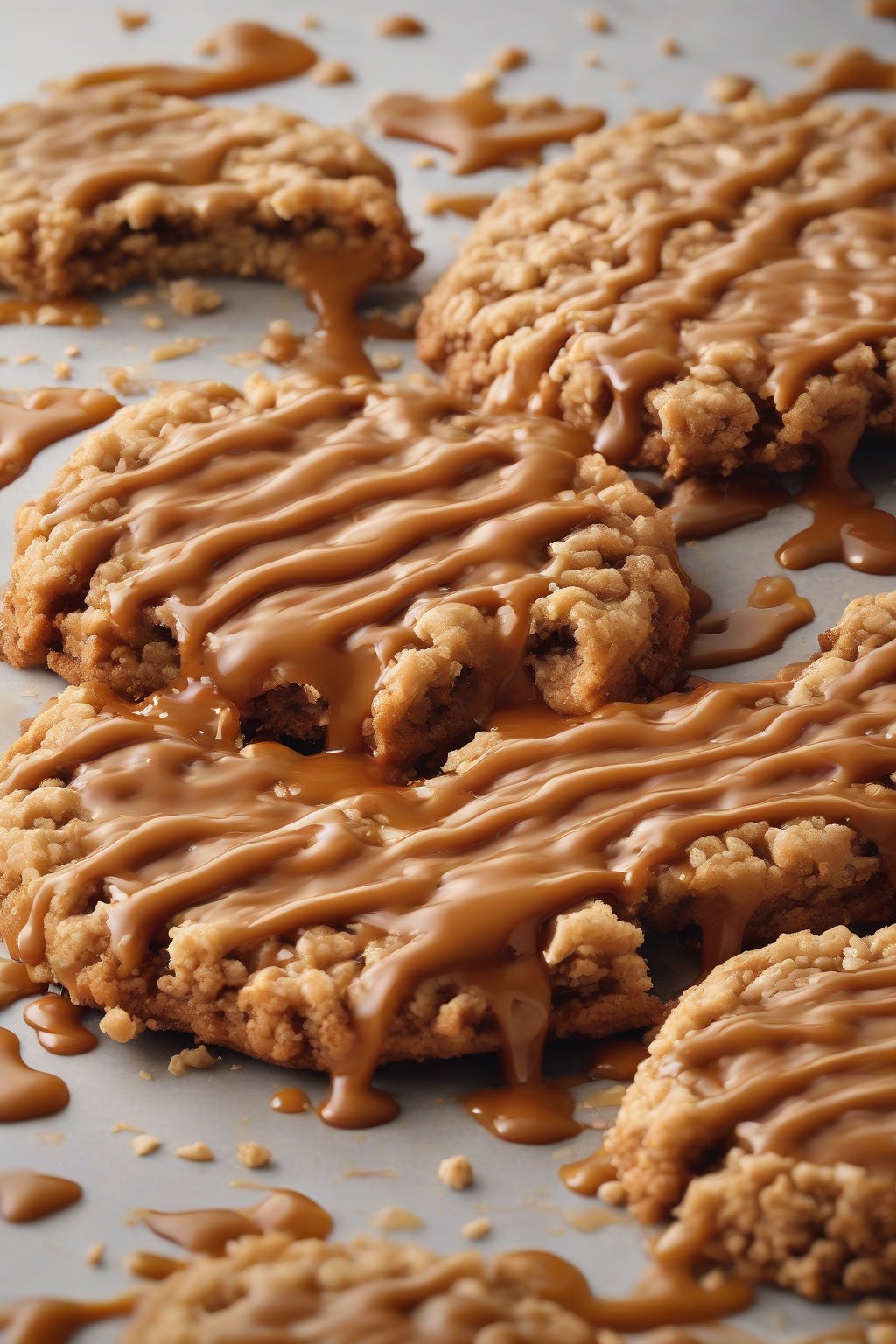 A high-resolution photo of a salted caramel giant crumble cookie dripping with caramel under soft lighting.