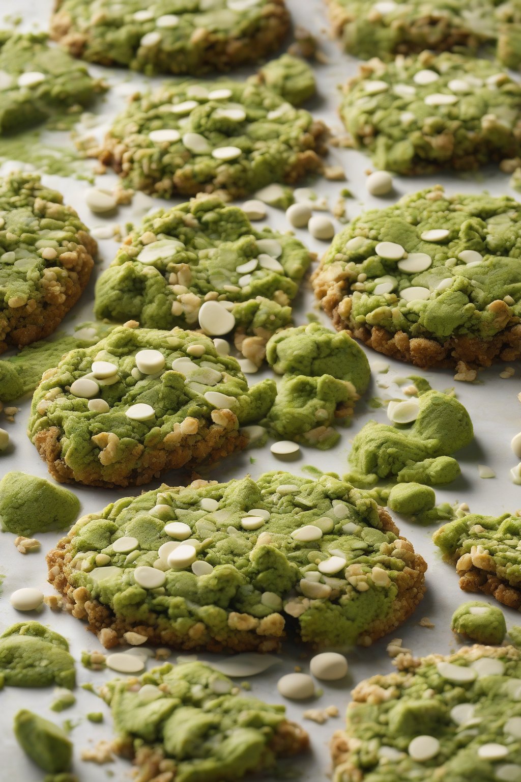A high-resolution photo of a vibrant green matcha giant crumble cookie with white chips under soft lighting.
