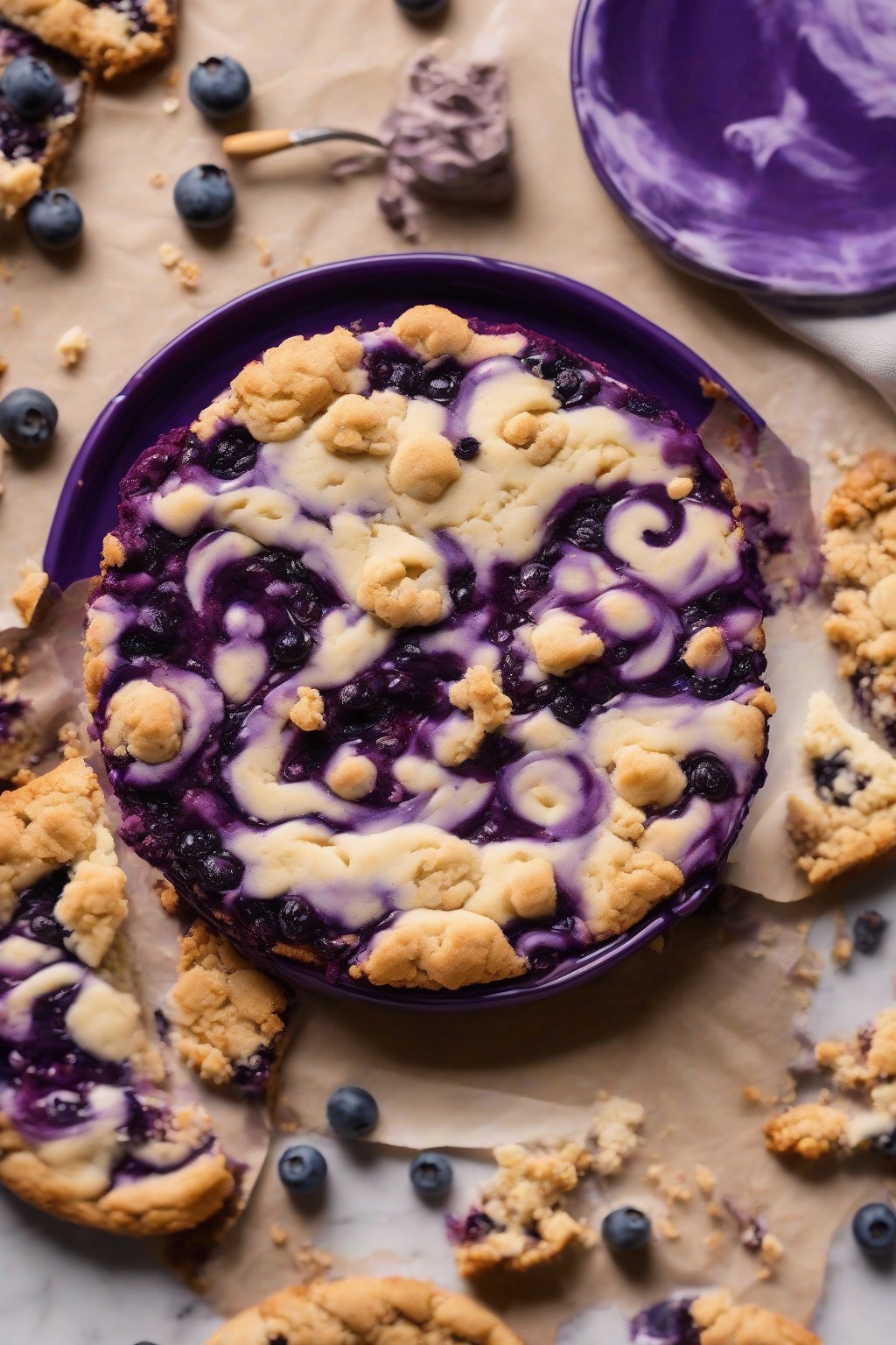 A high-resolution photo of a blueberry cheesecake giant crumble cookie with purple swirls under soft lighting.
