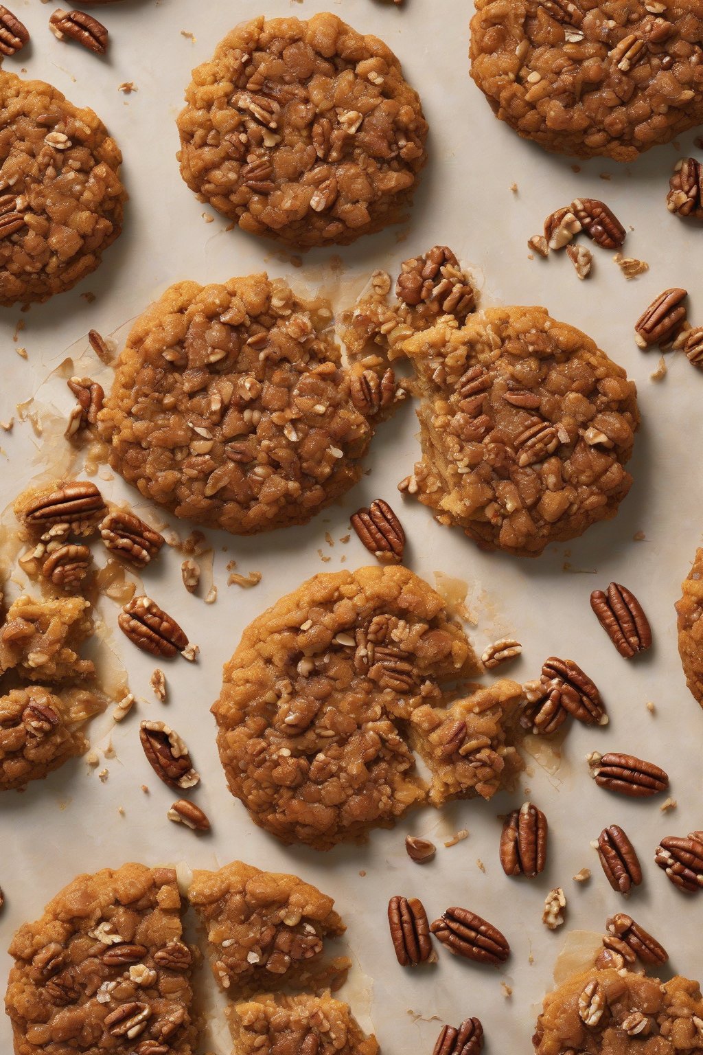 A high-resolution photo of a pumpkin spice giant crumble cookie topped with pecans under soft lighting.