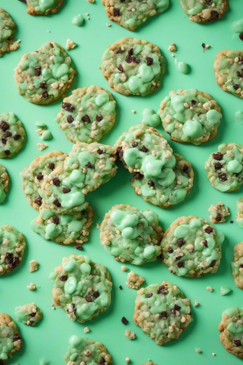 A high-resolution photo of a mint green giant crumble cookie with melting chips under soft lighting.