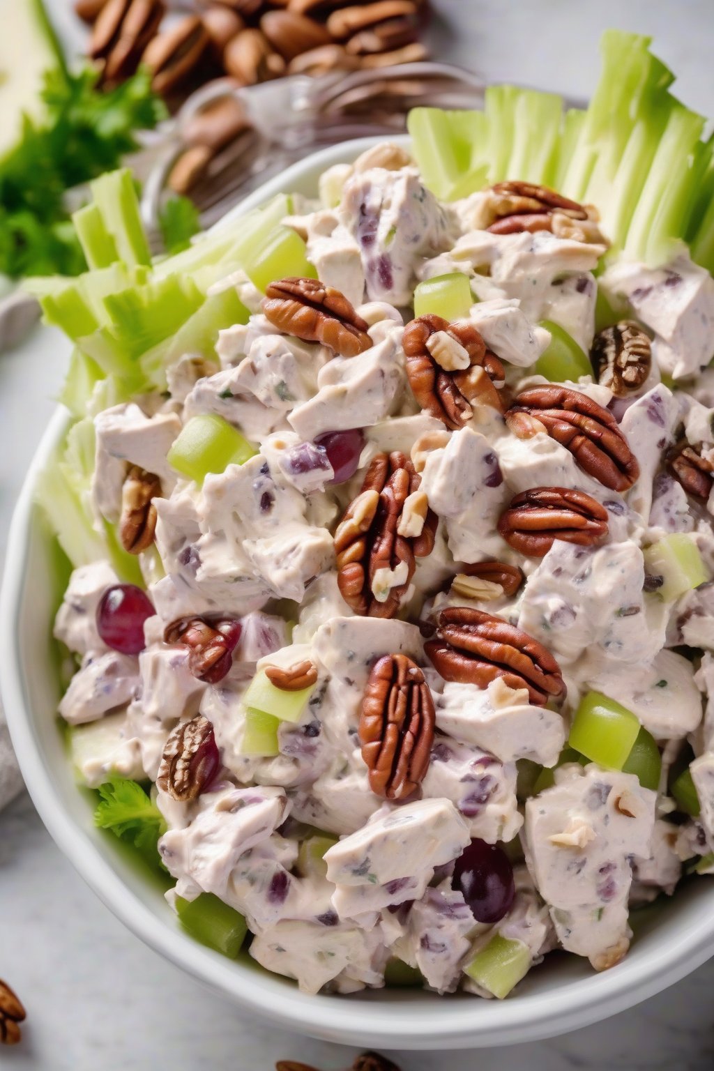 A high-resolution photo of a creamy classic grape chicken salad in a white bowl, garnished with pecan halves and celery, under soft lighting.