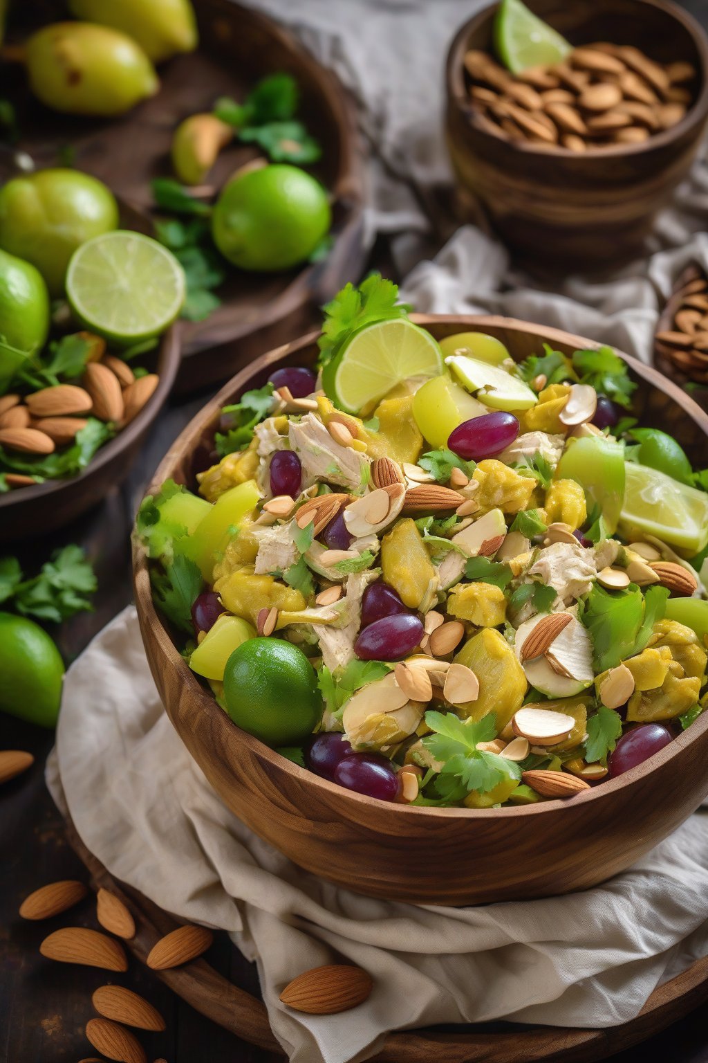 A high-resolution photo of vibrant yellow curry grape chicken salad topped with almonds and lime wedges, in a rustic wooden bowl, under soft lighting.