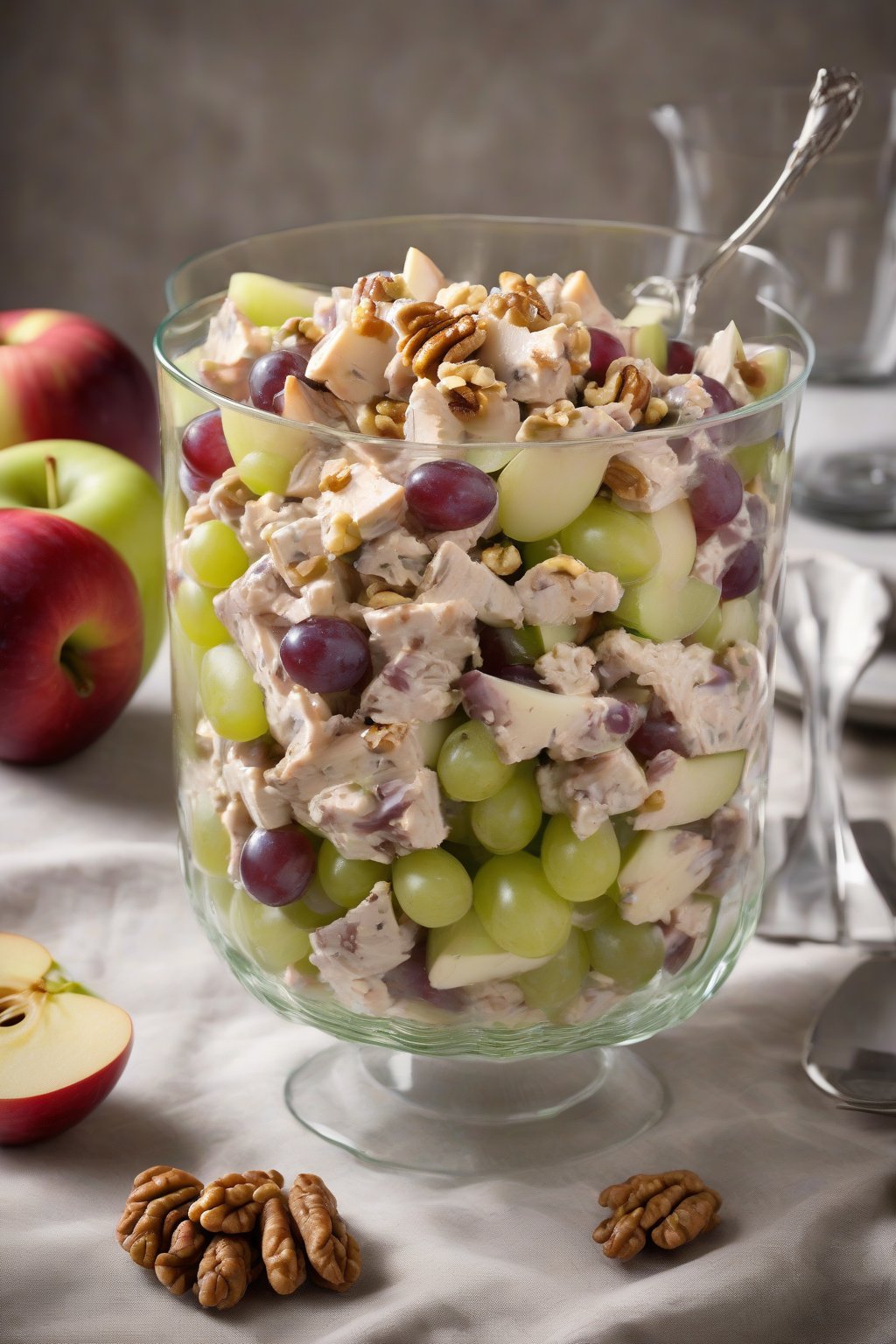A high-resolution photo of Waldorf-style grape chicken salad with apple slices and walnuts, served in a glass dish, under soft lighting.