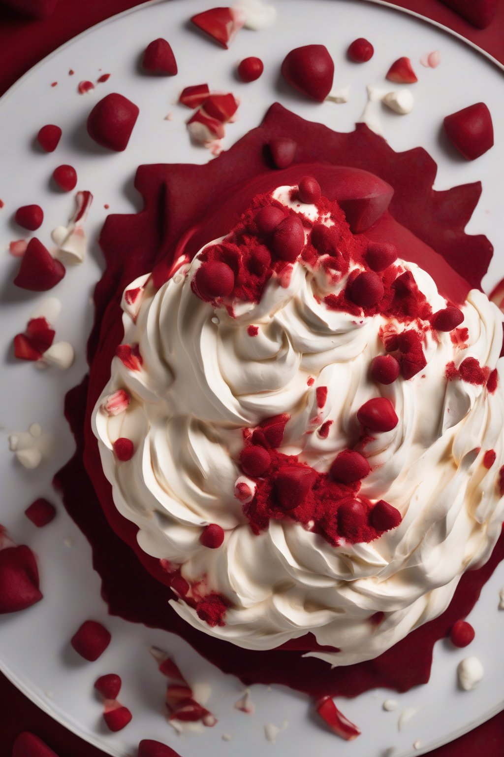 A high-resolution photo of a red velvet pavlova displaying vibrant red crisp meringue, thick frosting, and white chocolate accents, under soft lighting.