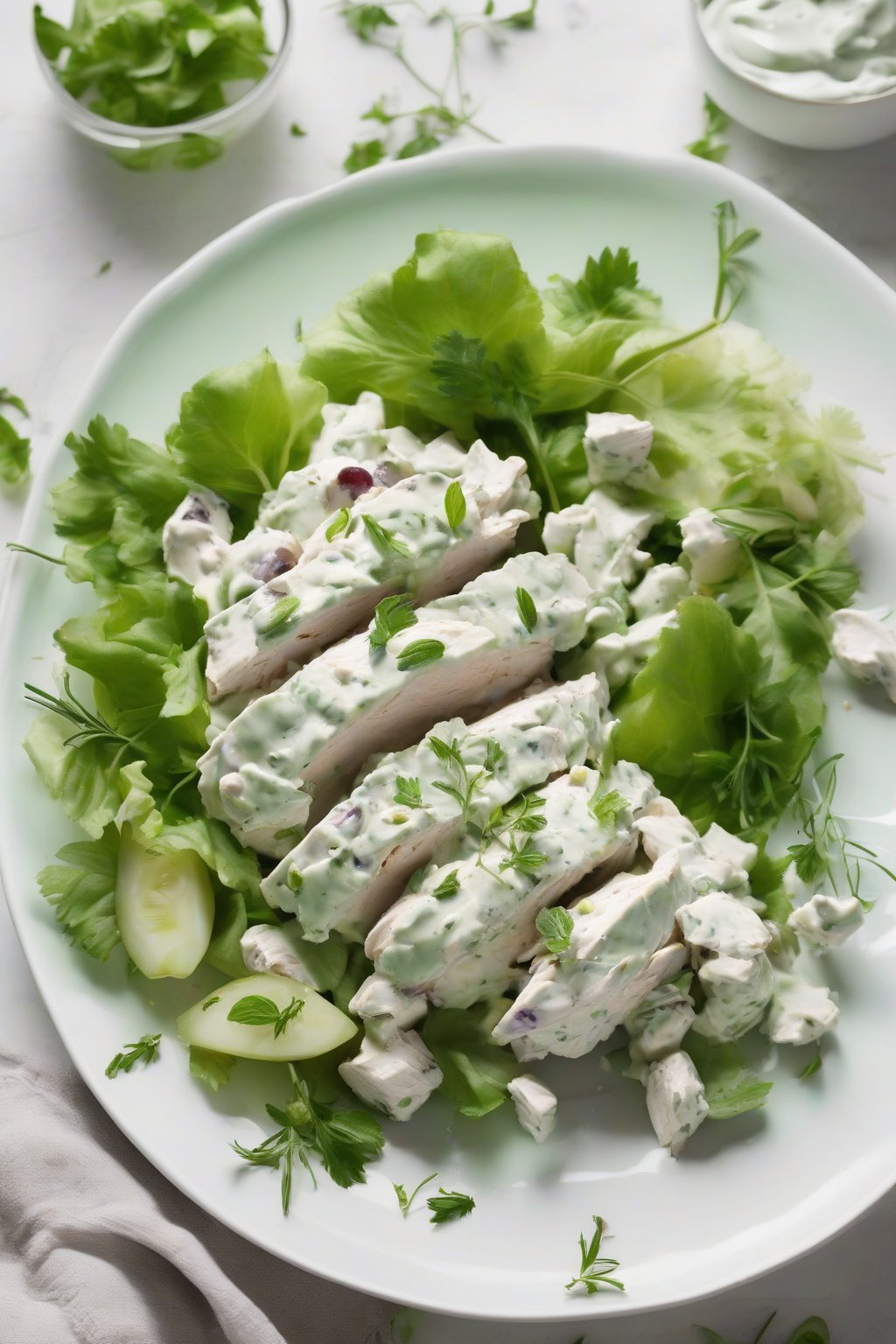 A high-resolution photo of light green yogurt-based grape chicken salad with fresh herbs, in a modern white plate, under soft lighting.