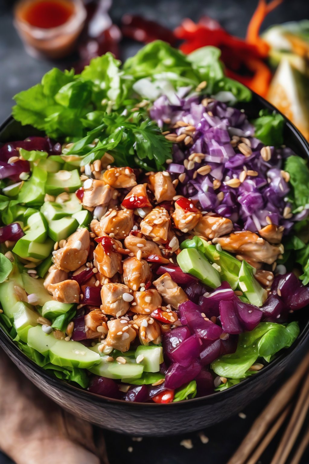 A high-resolution photo of fiery red sriracha grape chicken salad with sesame seeds, in a black bowl, under soft lighting.