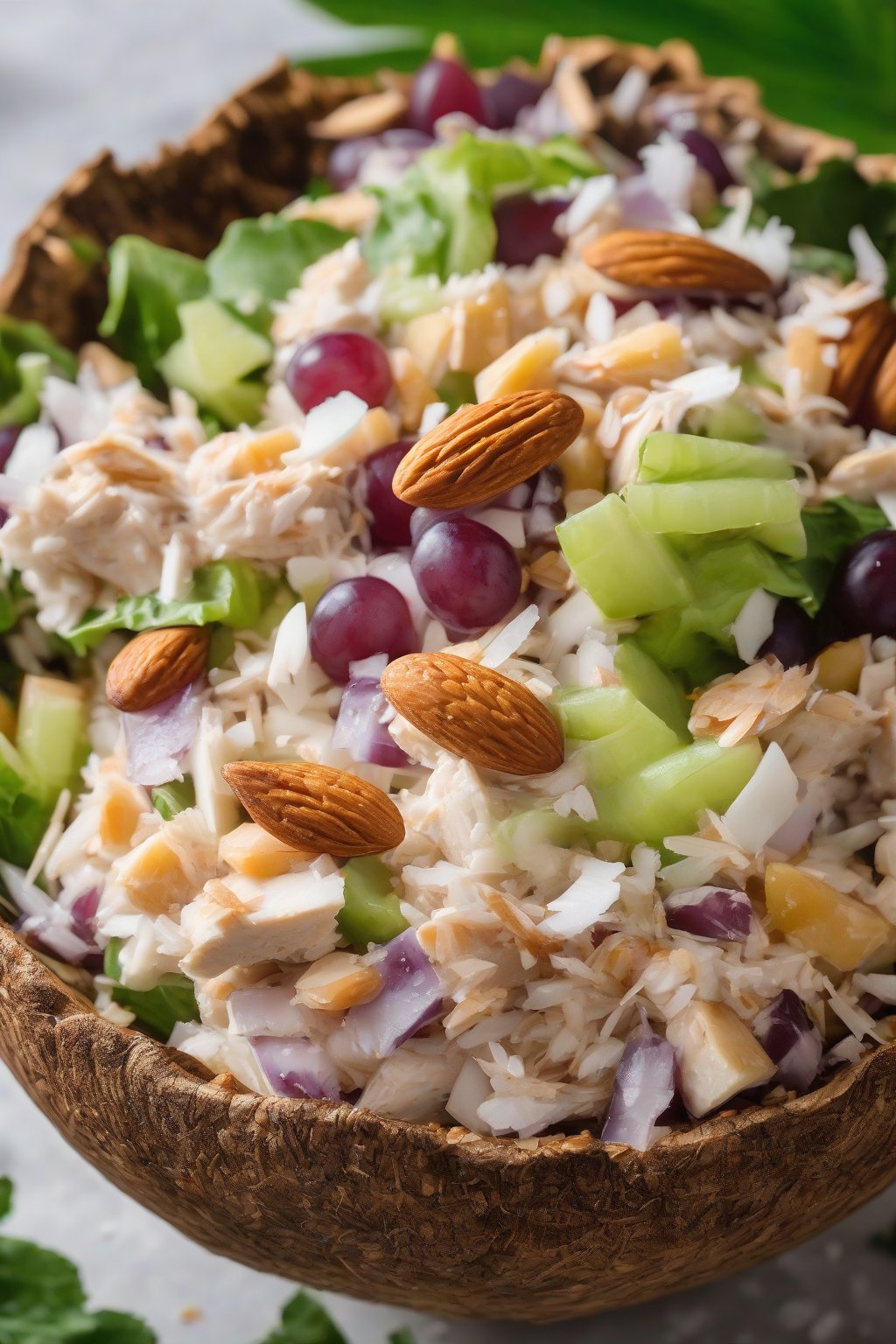 A high-resolution photo of tropical almond grape chicken salad with coconut flakes, in a coconut shell bowl, under soft lighting.