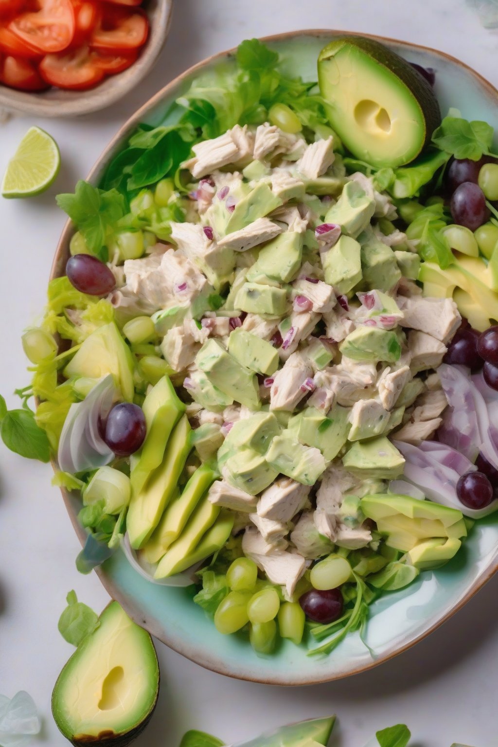 A high-resolution photo of creamy green avocado grape chicken salad with lime slices, on a vibrant plate, under soft lighting.