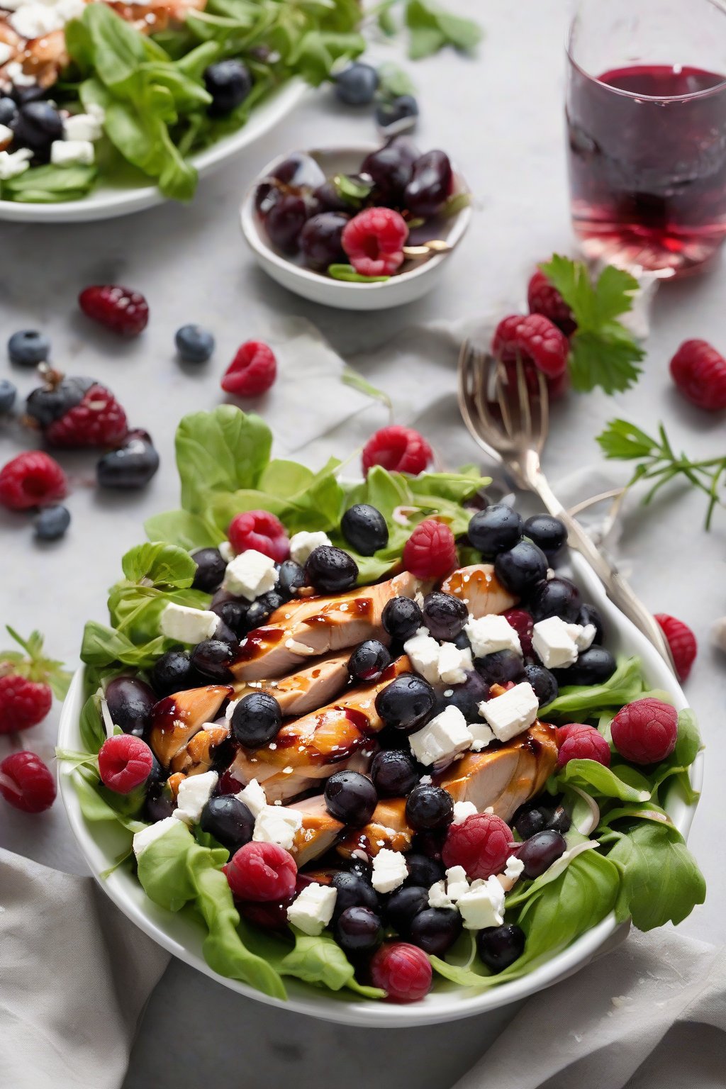 A high-resolution photo of balsamic-glazed grape and berry chicken salad with feta, in a shallow white bowl, under soft lighting.