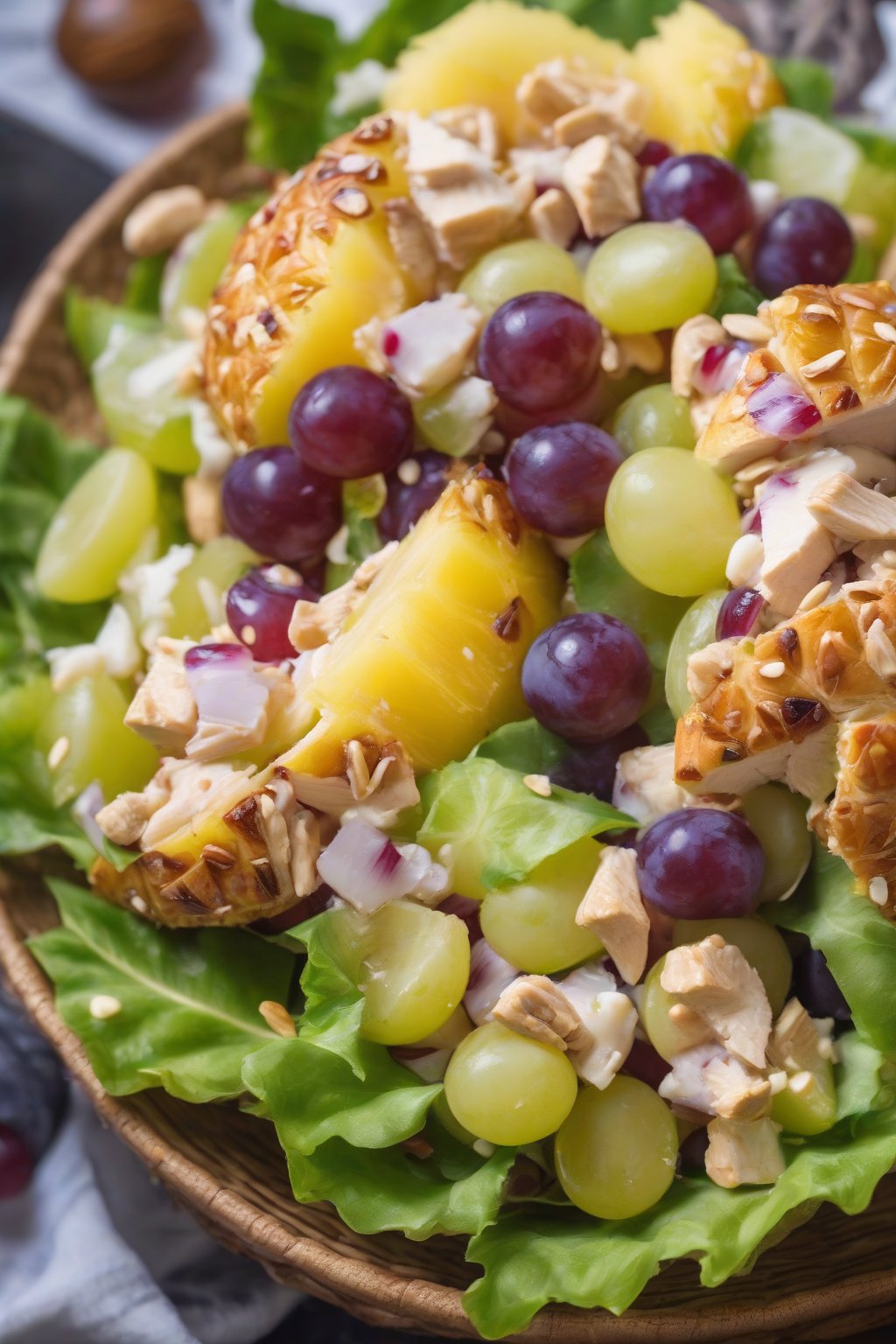 A high-resolution photo of colorful tropical pineapple grape chicken salad with macadamia nuts, in a pineapple half, under soft lighting.