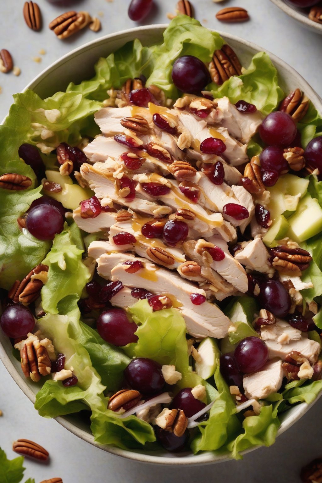 A high-resolution photo of pecan cran-grape chicken salad drizzled with honey mustard, in an autumnal bowl, under soft lighting.