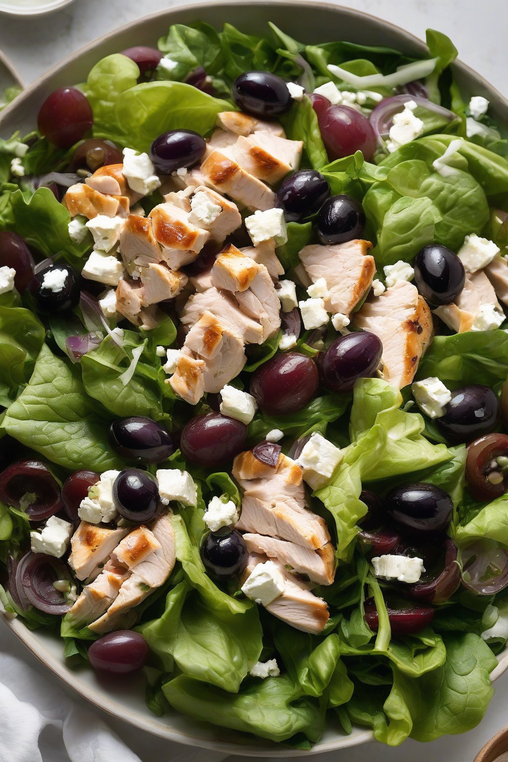 A high-resolution photo of Mediterranean grape chicken salad with olives and feta, on a bed of greens, under soft lighting.