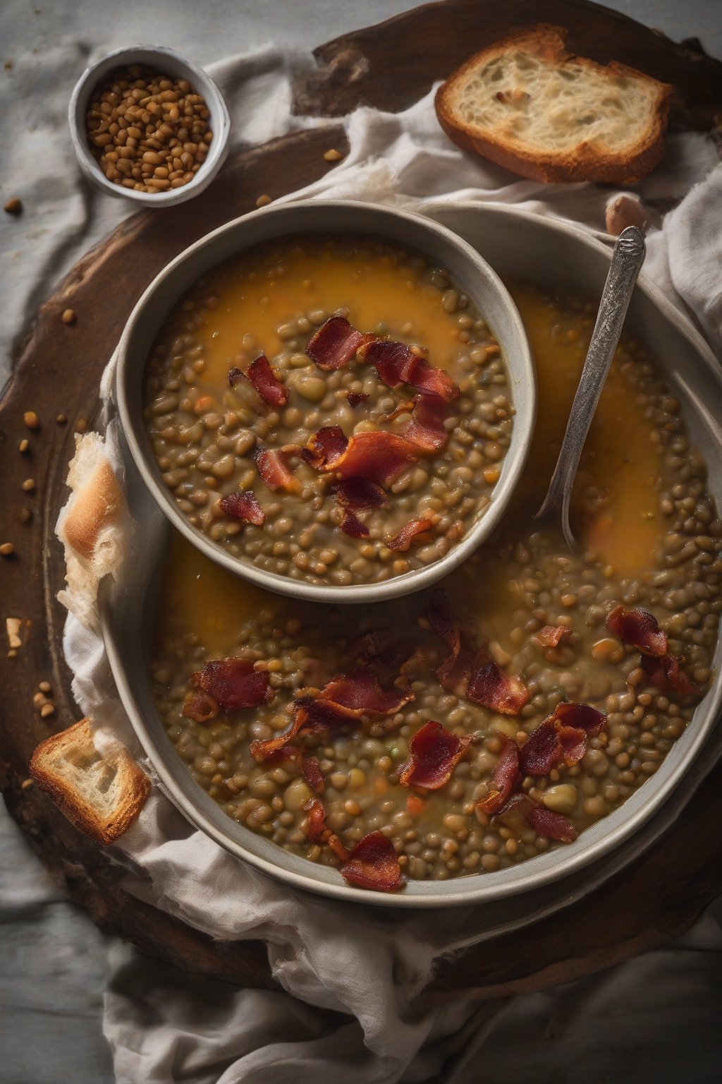 A high-resolution photo of a steaming bowl of classic French lentil soup topped with crispy bacon bits under soft lighting.