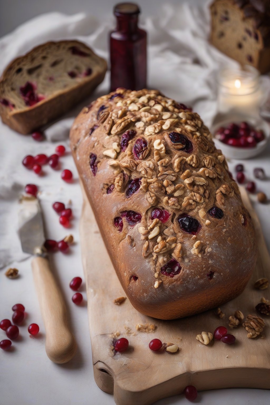 A high-resolution photo of walnut and cranberry sourdough loaf with ruby berries and nut chunks peeking from the crumb, under soft lighting.