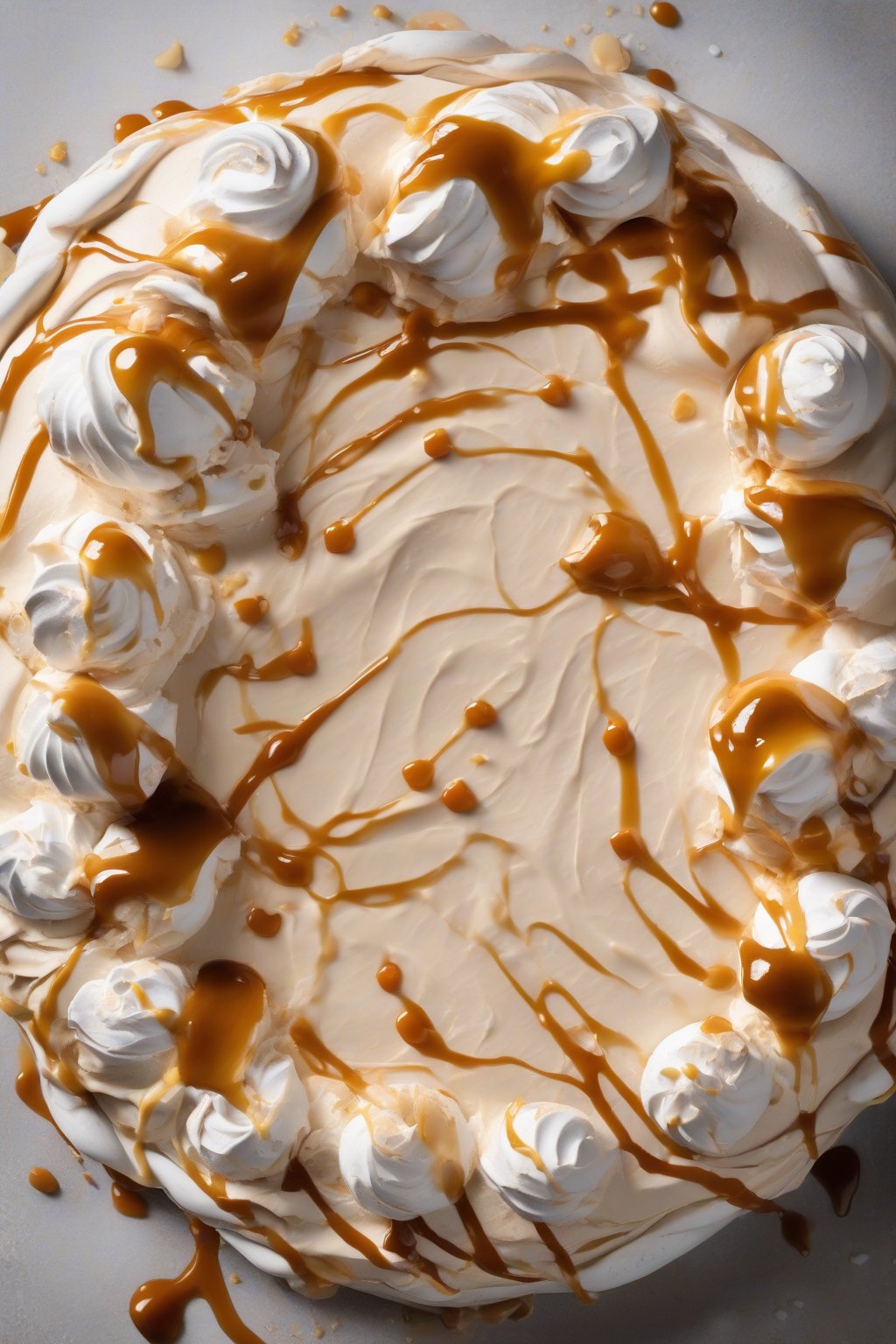 A high-resolution photo of a salted caramel pavlova with glossy crisp meringue, rivers of caramel, cream dollops, and salt flecks, under soft lighting.
