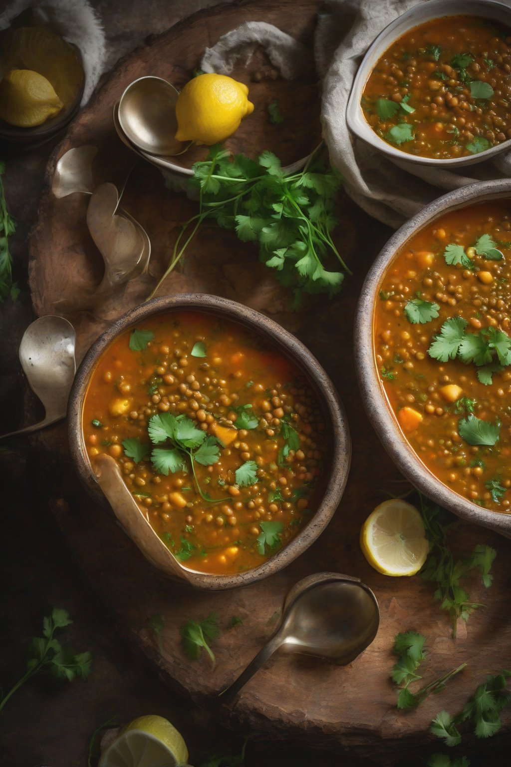 A high-resolution close-up photo of spicy Moroccan lentil soup garnished with fresh cilantro and lemon wedges under soft lighting.
