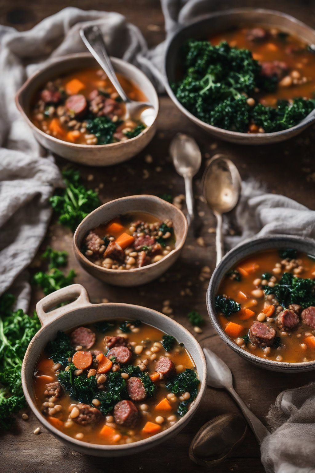 A high-resolution photo of Italian sausage lentil soup with chunks of sausage and wilted kale in a rustic bowl under soft lighting.
