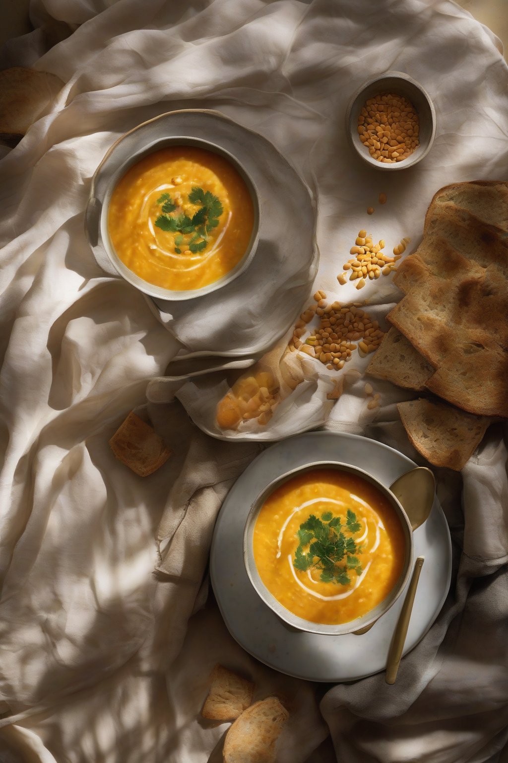 A high-resolution photo of creamy curried red lentil soup swirled with coconut milk under soft lighting.