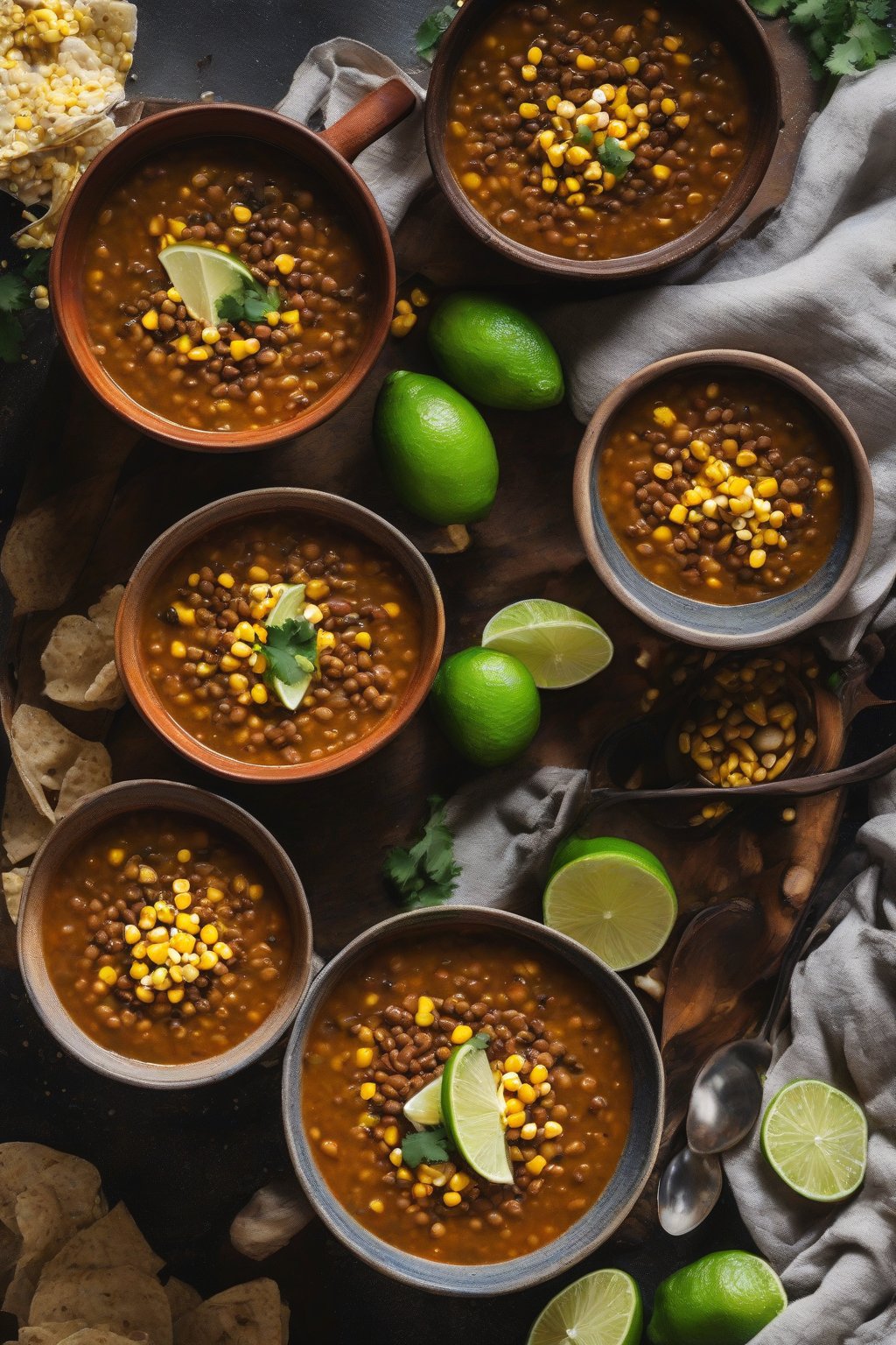 A high-resolution close-up photo of smoky chipotle lentil soup with corn kernels and a lime garnish under soft lighting.