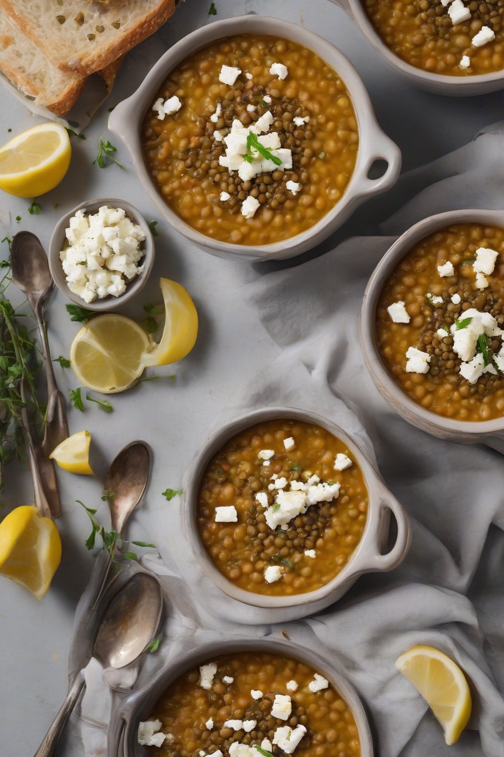 A high-resolution photo of Mediterranean lentil soup topped with feta crumbles and lemon slices under soft lighting.