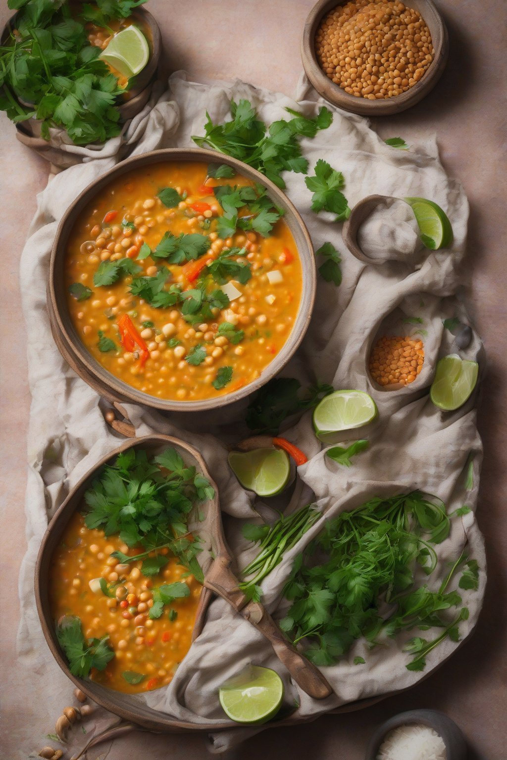 A high-resolution photo of vibrant Thai coconut lentil soup with fresh herbs under soft lighting.